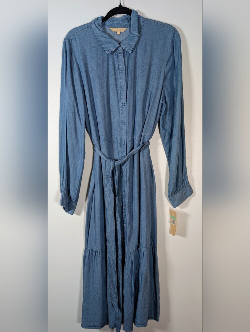 Light Blue Button-Front Maxi Shirt Dress with Waist Tie By Hope & Harlow NWT